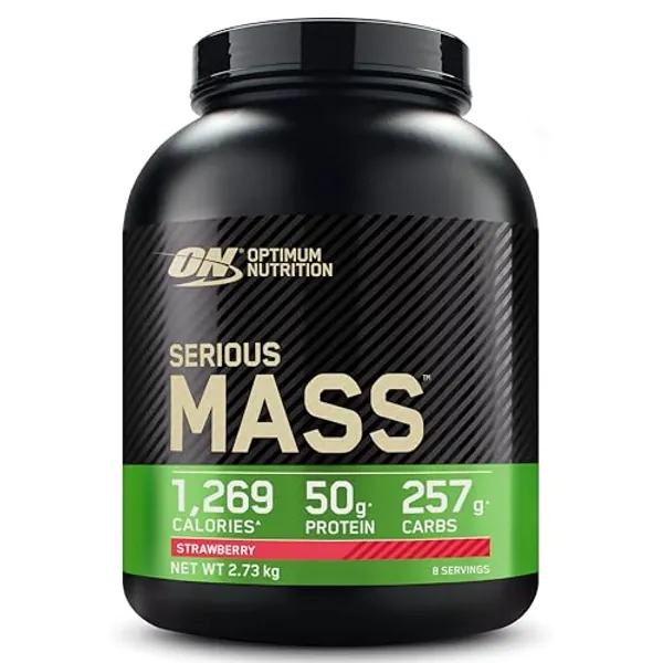 Optimum Nutrition Serious Mass Protein Powder with Creatine, Glutamine, 25 Vitamins & Minerals, High Calorie Mass Gainer, Strawberry Flavour, 8 Servings, 2.73kg, Packaging May Vary - Strawberry
