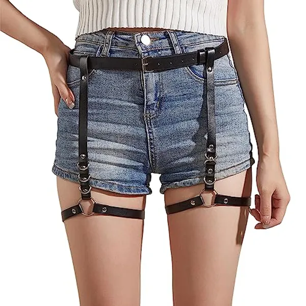 REZSOVEE Women's Garters Sexy Outfits Women Thigh Garter Leather Lingerie Steampunk Pants Women Adjustable Waist Leg Cincher Cage Belt Women's Sexy Punk Leather Harness Garter Belt