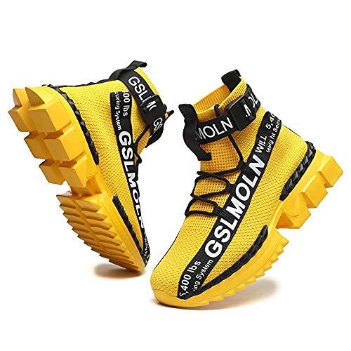Jakcuz Men's Women's High Top Sneakers Breathable Gym Athletic Running Walking Tennis Boy Girl Comfortable Fashion Platform Shoes - 13 Women/12 Men - Yellow 3