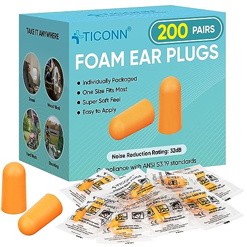 TICONN 200 Pairs Ear Plugs, 32dB Noise Reduction Earplugs for Sleeping Hearing Protection Travel Study Concentration Construction Site (200 Pairs) - 200