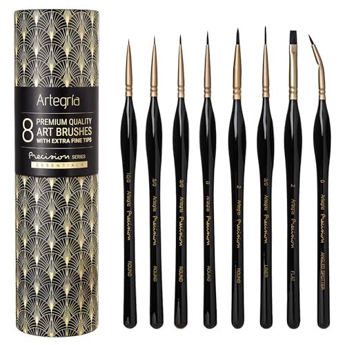 ARTEGRIA Detail Paint Brush Set - 8 Miniature Paint Brushes with Extra Fine Tips and Ergonomic Handles for Small Scale Models, Figurines, Paint by Numbers for Adults - Acrylic Watercolor Oil