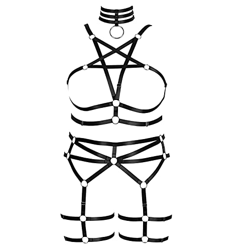 Plus Size Body Harness for Women Gothic Pentagram Full Cage Hollow Out 2 Piece Strappy Bra Garter Belts Set Punk Clothing - Black