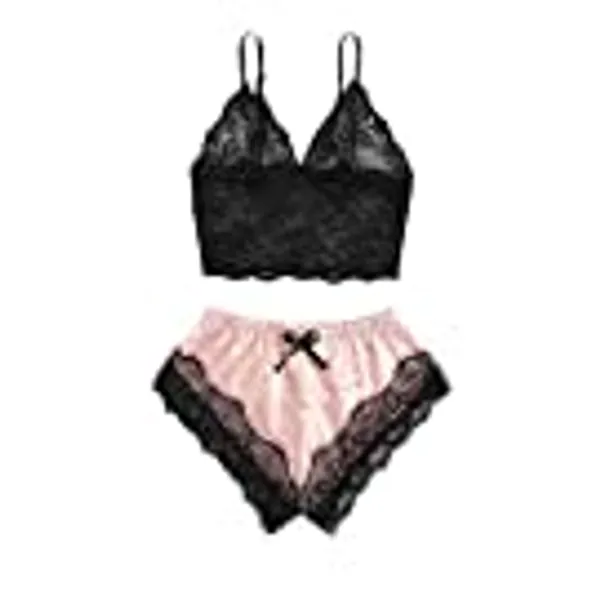SOLY HUX Women's Plus Size Lingerie Set Spaghetti Strap Lace Trim Bralette and Shorts Sleepwear Pajama Set