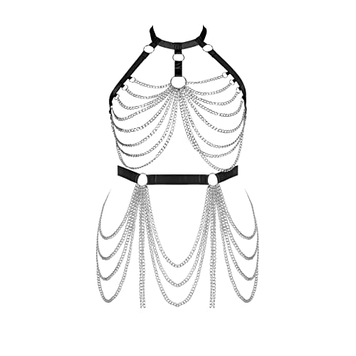 Plus Size Body Harness for Women Gothic Pentagram Full Cage Hollow Out 2 Piece Strappy Bra Garter Belts Set Punk Clothing - Black Dmo168+dmp61