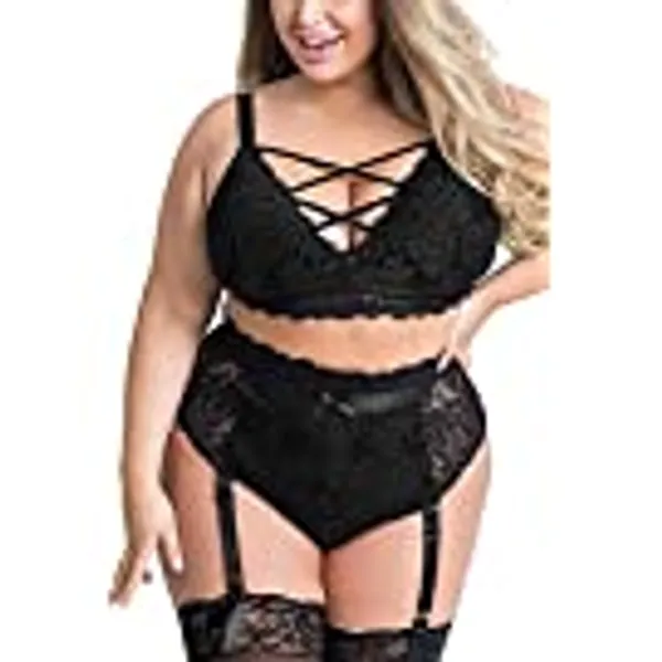 EVELUST Plus Size Lingerie for Women - Valentines Day Sexy Luxe Bra Lace Cup Classic Underwear High Waisted Suspender Set