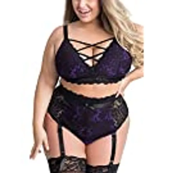 EVELUST Plus Size Lingerie for Women - Valentines Day Sexy Luxe Bra Lace Cup Classic Underwear High Waisted Suspender Set