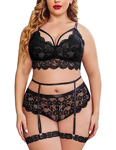 Avidlove Plus Size Lingerie for Women Floral Lace Scallop Trim Bra High Waist Panties Set Garter Lingerie Set - 20 Plus - Black