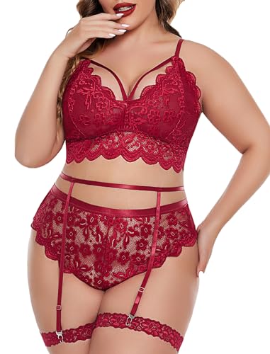 Avidlove Plus Size Lingerie for Women Floral Lace Scallop Trim Bra High Waist Panties Set Garter Lingerie Set - 20 Plus - Wine Red