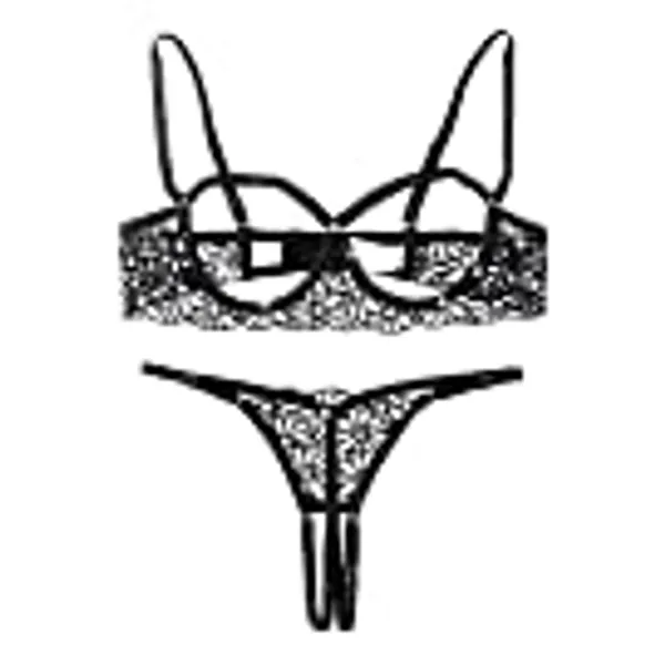 SweatyRocks Women's 2 Piece Lingerie Set Sheer Lace Underwire Bralette Bra and Shorts