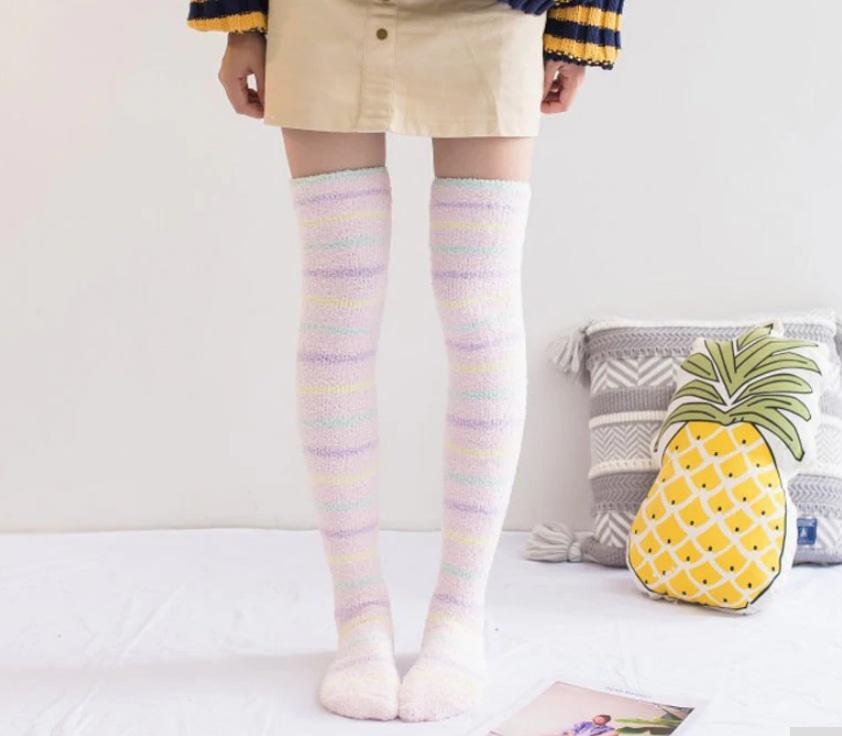 Fuzzy Striped Thigh Highs - Pastel Small Stripes