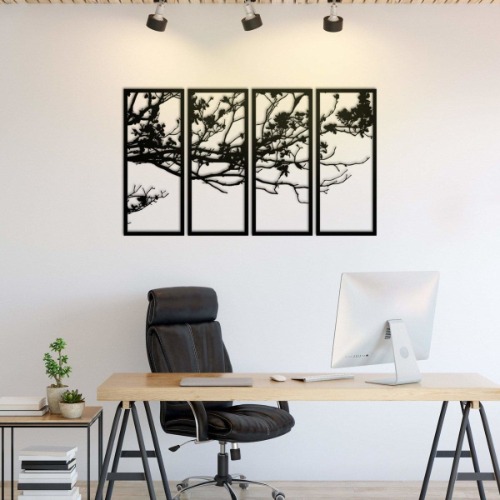Rise of Nature - Tree Branches Metal Wall Art 4 PANEL Monochrome Black Nightscape Nature Lover Sign Botanical Forest Modern Minimalist Decor - 60cm x 100cm