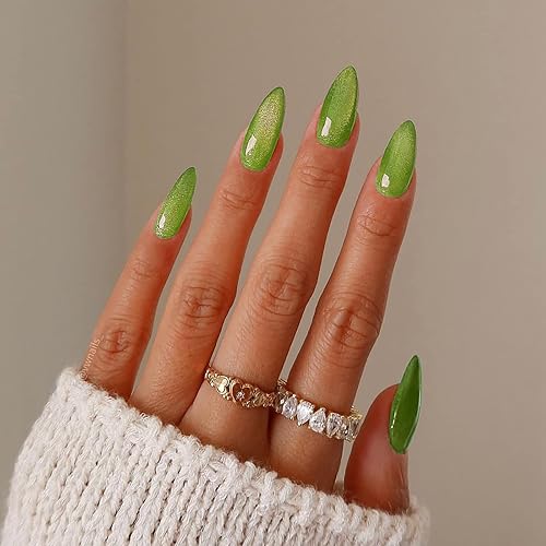 Green Press on Nails Almond Shape Fake Nails Medium False Nails with Glitter Design Glitter Acrylic Nails Full Cover Artificial Nails Glossy Stick on Nails for Women St. Patrick's Day Xmas Manicure - A016