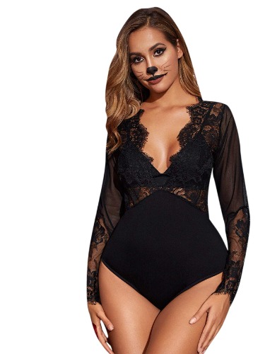 SweatyRocks Women's Sexy Lace V Neck Clubwear Top Sheer Mesh Long Sleeve Bodysuit - Medium 1-black