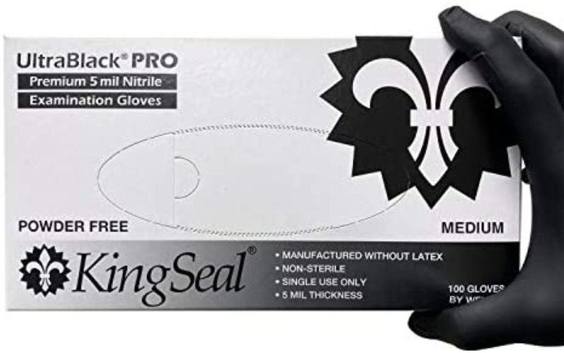 KingSeal UltraBlack-PRO Nitrile Medical Grade Exam Gloves, Black, 5 MIL, Textured - 100 gloves - Small (Pack of 100)