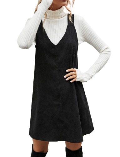 Milumia Women's Corduroy Overall Dress V Neck Sleeveless Solid Short Pinafore Dress - Medium A Black