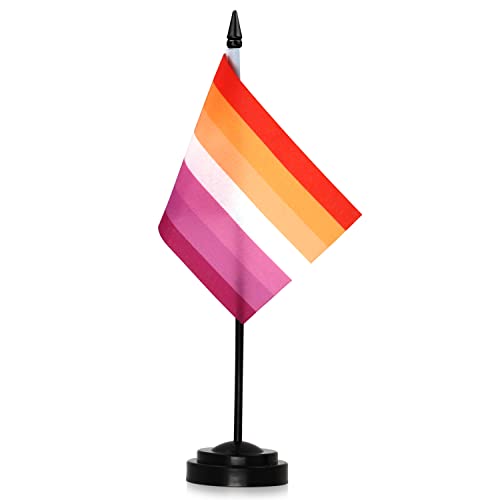 Anley Sunset Lesbian Pride Deluxe Desk Flag Set - 6 x 4 Inch Miniature Desktop Flag with 12" Solid Pole - Vivid Color and Fade Resistant - Black Base and Spear Top - Sunset Lesbian