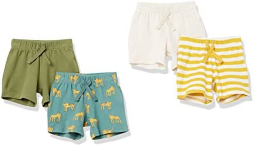 Amazon Essentials Unisex Babies' Cotton Pull-On Shorts, Multipacks - 4 Green, Jungle 6-9 Months