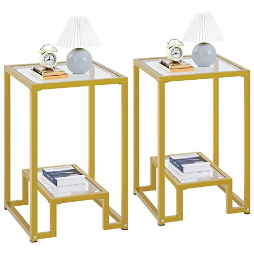 Yaheetech Set 2 Tavolini Lato in Vetro Tavolini Bassi da Salotto Struttura in Vetro Temperato e Metallo Tavolini da Divano Soggiorno Comodini Moderno da Camera da Letto Oro 40 x 40 x 61,5 cm