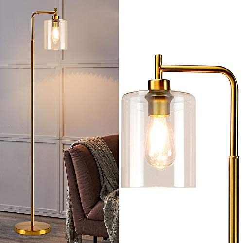Depuley Lampada da terra oro in vetro e metallo, moderna lampada da terra minimalista, E27 con interruttore a pedale, lampada da lettura per soggiorno, ufficio, camera da letto (lampadina inclusa) - Gold