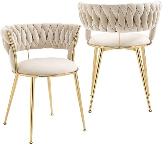SUPPNEED Set di 2 sedie da pranzo in velluto, con schienale intrecciato e gambe in metallo dorato, per sala da pranzo, soggiorno, cucina (avorio), 57X55X70 CM, CANYI-01 - Beige