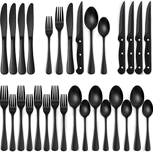 24-Piece Black Silverware Set with Steak Knives, Black Flatware Set for 4, Food-Grade Stainless Steel Tableware Cutlery Set, Mirror Finished Utensil Sets for Home Restaurant - Round Edge