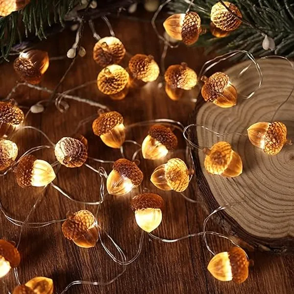 JASHIKA 3D Twinkle Acorn Fall Decorations Harvest String Lights 10ft Copper Wire 30 LEDs Battery Powered with Timer Remote Control for Wedding Bedroom Fireplace Mantel Ice Age Ornaments Home Decor
