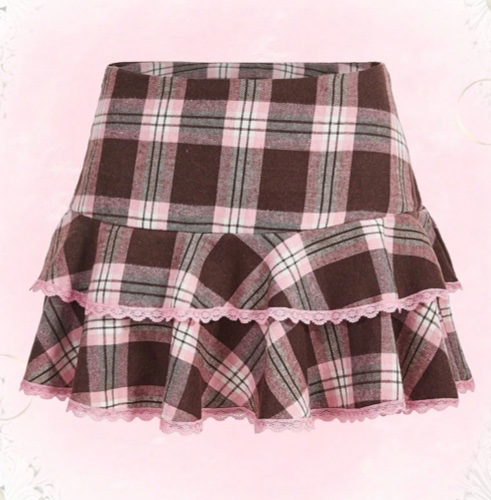 Sweetness Jupe À Carreaux Ourlet En Dentelle À Volants | Mode en ligne | SHEIN FRANCE