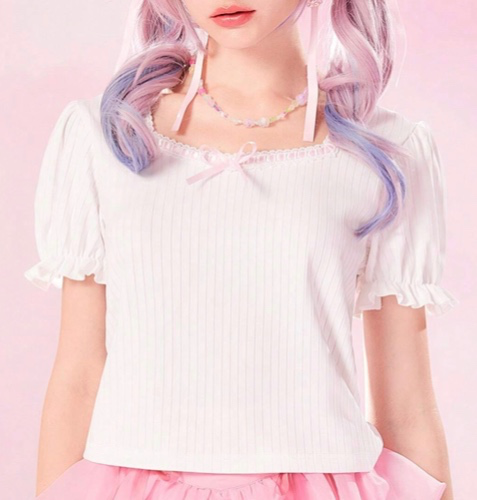 Kawaii T-shirt Unicolore À Nœud Papillon Côtelé | Mode en ligne | SHEIN FRANCE