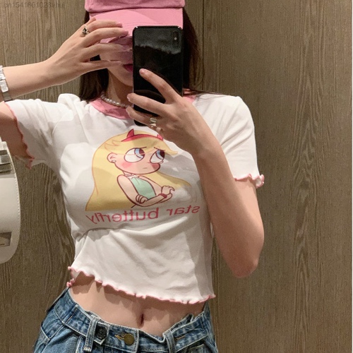 T-shirt à manches courtes et col rond pour femmes, t-shirts courts à nombril ouvert, imprimé dessin animé Kawaii, mince et sexy, fille épicée, été, nouveau, Y2k - AliExpress 