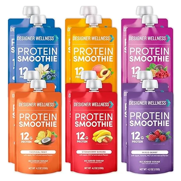 Designer Wellness Protein Smoothie, Real Fruit, 12g Protein, Low Carb, Zero Added Sugar, Gluten-Free, Non-GMO, No Artificial Colors or Flavors, Mix Variety, 12 Count - Mix Variety - 4.2 Fl Oz (Pack of 12)