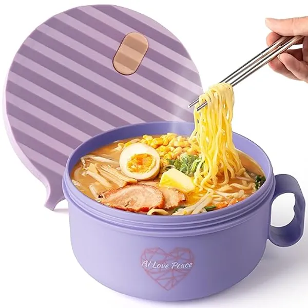 AI LOVE PEACE Ramen Bowl, 40 oz Microwaveable Noodle Cooker for Ramen, Pho, Soup, and Pasta, Dishwasher Safe and Portable, Ideal for Home, Office, Dorm, or Gift (Purple) - Pastle purple - 40oz,single bowl