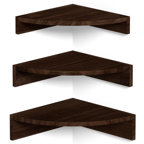 Alsonerbay Corner Shelf Wall Mount, Set of 3 Floating Shelves for Storage and Display, Rustic Wood Shelves for Bedroom, Kitchen, Living Room, Nursery and Office (Dark Brown)