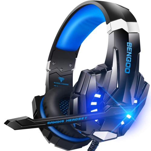 BENGOO G9000 Stereo Gaming Headset for PS4 PC Xbox One PS5 Controller, Noise Cancelling Over Ear Headphones with Mic, LED Light, Bass Surround, Soft Memory Earmuffs for Laptop Mac Nintendo NES Games - Blue