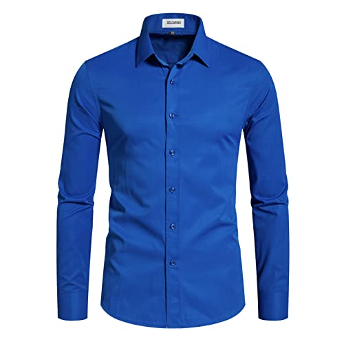 DELCARINO Men's Long Sleeve Button Up Shirts Solid Slim Fit Casual Business Formal Dress Shirt - Large - Klein Blue