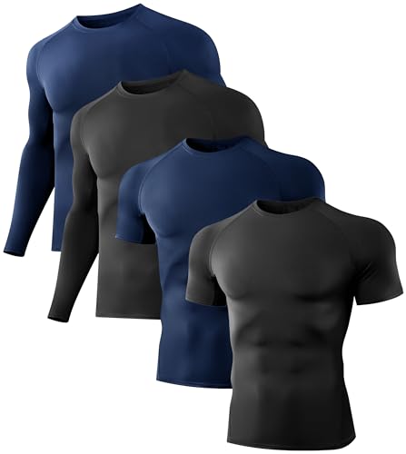 Dalavch 4 Pack Men’s Compression Shirts Short/Long Sleeve Athletic Workout Rash Guard Sports Undershirt Gear Top for Men - Large - 2 Black 2 Blue