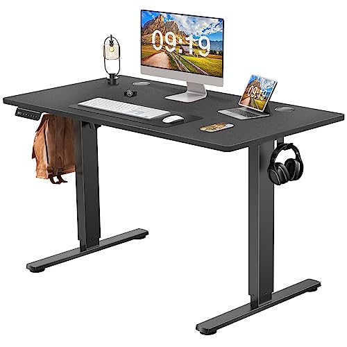 Sweetcrispy Height Adjustable Electric Standing Desk with Ergonomic Design, 48 x 24 Inch Stand up Desk, Sit Stand Desk with Splice Board, Standing Table Black Frame/Black Desktop for Home Office