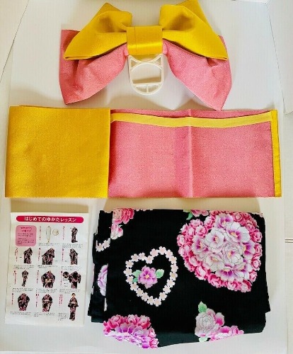 New JAPANESE YUKATA Kimono Dress Set Womens M Black Pink Glitter Flower Heart