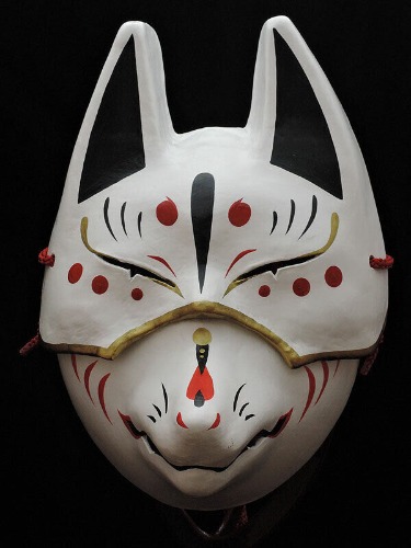 Komendo Top &amp; Lower Half Face Fox Mask 2 Set Hand Painted Kitsune Paper Japan