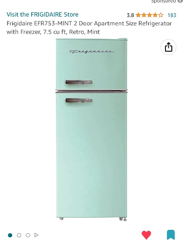 Frigidaire EFR753-MINT 2 Door Apartment Size Refrigerator with Freezer, 7.5 cu ft, Retro, Mint - MINT - Double Door Fridge