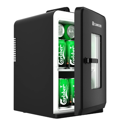 Cumeod Mini Fridge, 15L/21 Cans 330ml Mini Fridge for Room, 12V DC/220V AC Small Refrigerator with Heat and Cooling Function for Food, Drinks, Cosmetics, Max and ECO Mode (Black) 