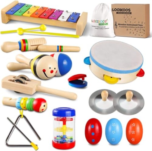 LOOIKOOS Toddler Musical Instruments Set Wooden Percussion Instruments Toy for Kids Baby Preschool Educational Musical Toys for Boys and Girls with Storage Bag - Kids Musical Instruments 1