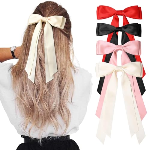 4Pcs Silky Satin Hair Bows, Accessories Metal Clips Hair Ties for Women