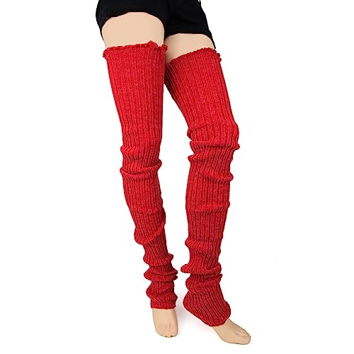 Foot Traffic Women's Cable-Knit Leg Warmers, Warm & Long Footless Thigh-Highs - Super Long - Red