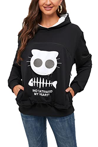 BOMBAXCEIBA Fleece pet Cat Small Day Pouch Hoodie Carrier Holder Carrying Sweatshirt Kangaroo Pocket - Medium - Black-b