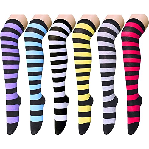 sockfun Striped Thigh High Socks Knee High Socks for Women Girls, Long Socks Over the Knee Socks - 6 Pairs With Black Stripes