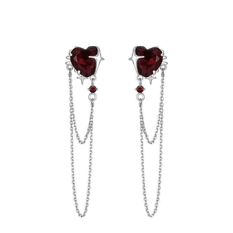 Gothic Heart Tassel Zircon Copper Stud Earrings - Red / A Pair
