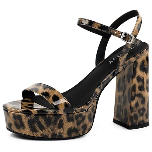 COMJUY High Heel Chunky Platform Heel Sandals for Women, Chunky Block Heels Platform Sandals Women with Ankle Strap, Womens Strappy Chunky Heels Open Toe Sandals Wedding Prom - Leopard Print - 6.5