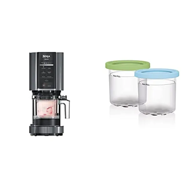 Ninja NC299AMZ CREAMi Ice Cream Maker, Matte Black & XSKPLID2CD Pints 2 Pack, Compatible with NC299AMZ & NC300s Series Creami Ice Cream Makers, BPA-Free & Dishwasher Safe, Lime & Aqua Lids, 1