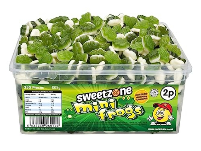 Sweetzone Mini Frogs Halal Sweets Tub, 805 g 350 pcs. Tubs of Sweets, Jelly Sweets, Wine Gums, Old Fashioned Sweets, Sweets Bulk, Halloween Candy, Sweet Tub Delight for All - Mini frogs