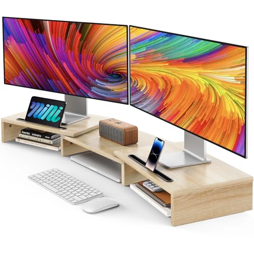 AMERIERGO Dual Monitor Stand Riser- 3 Shelf Screen Stand with Adjustable Length and Angle, 2 Extra Functional Slot Desktop Organizer Stand for PC, Computer, Laptop (Light Wood) - Light Wood